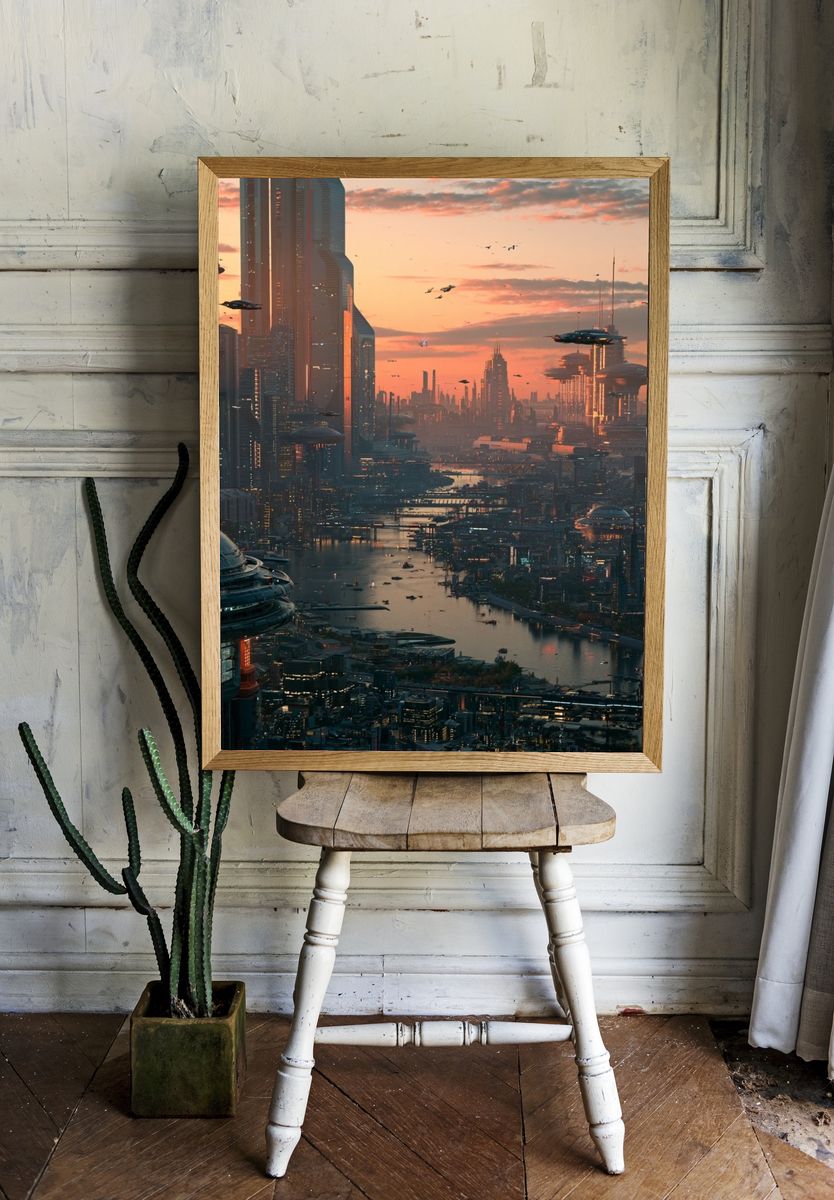 Futuristic City Sunset Poster. — room view 1