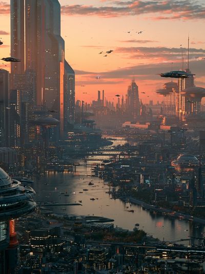 Futuristic City Sunset Poster.