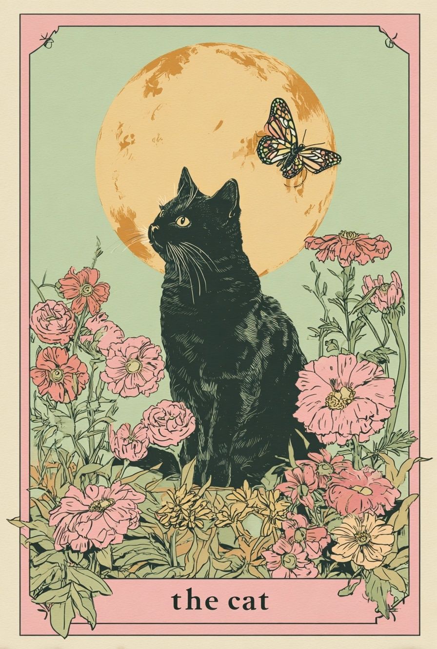 Black Cat Floral Illustration Poster. poster detail