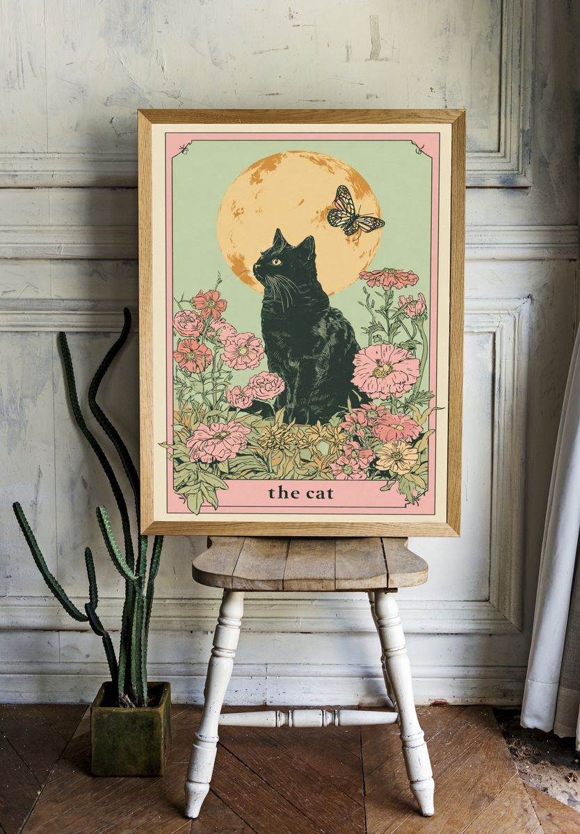 Black Cat Floral Illustration Poster. — room view 1