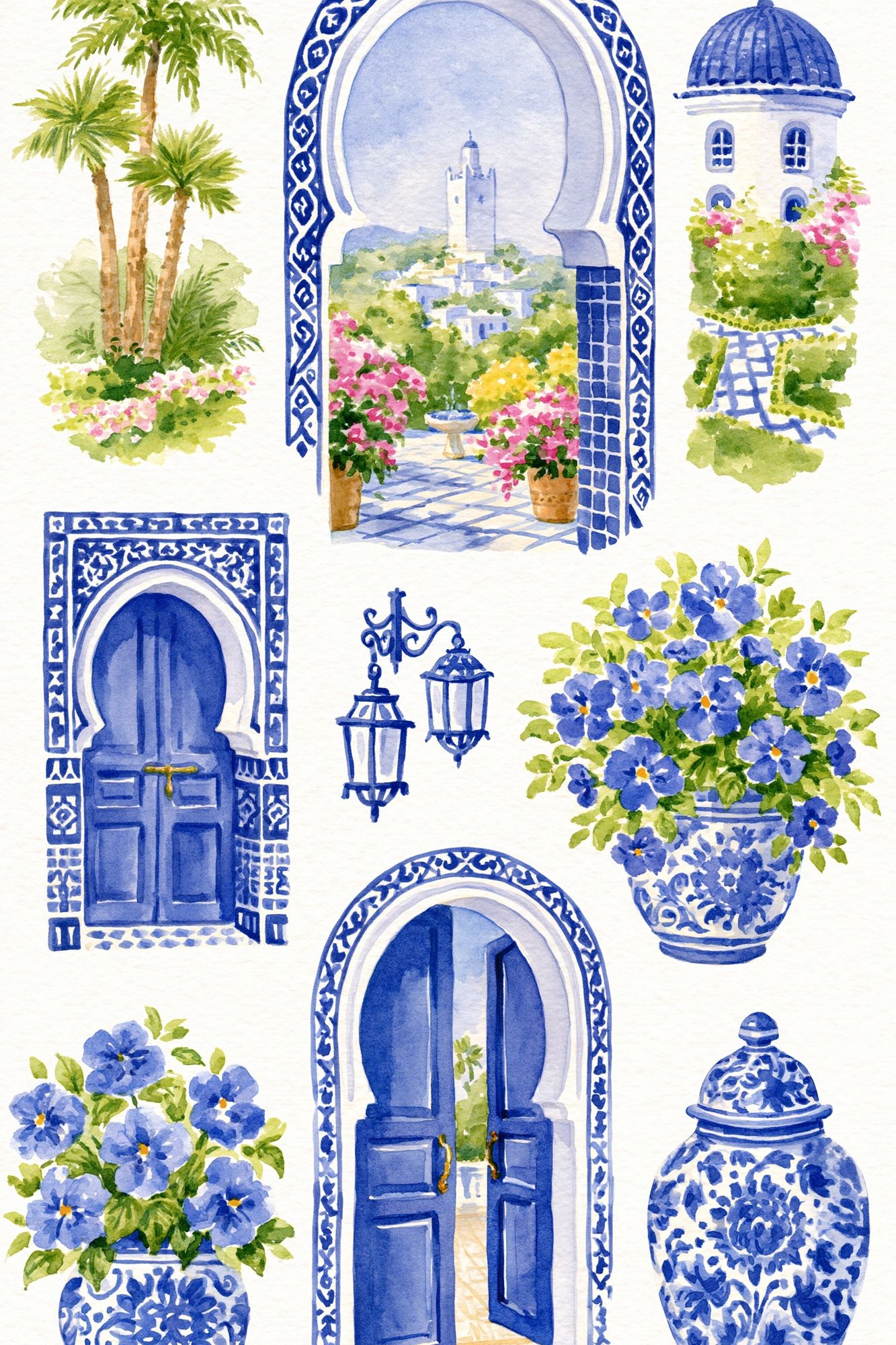 Blue Moroccan Courtyard Watercolor Poster. poster — illustration art