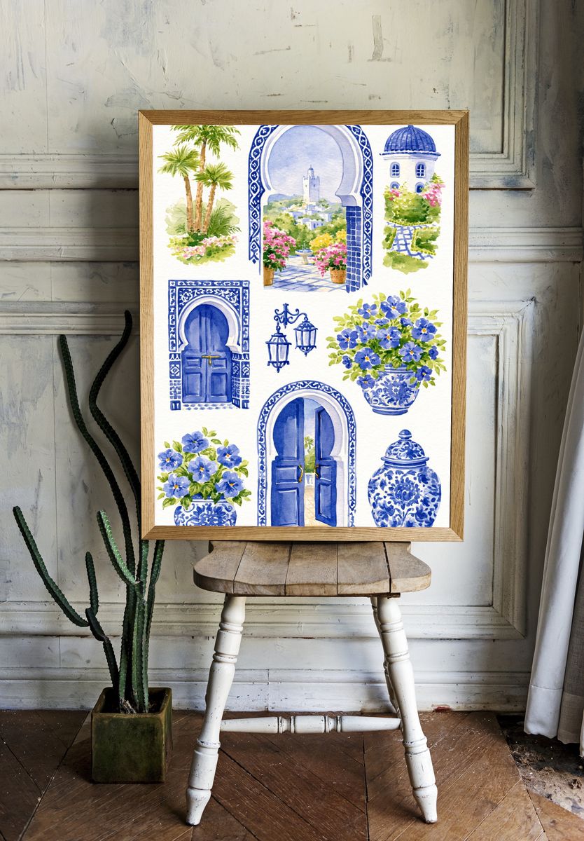 Blue Moroccan Courtyard Watercolor Poster. — room view 1