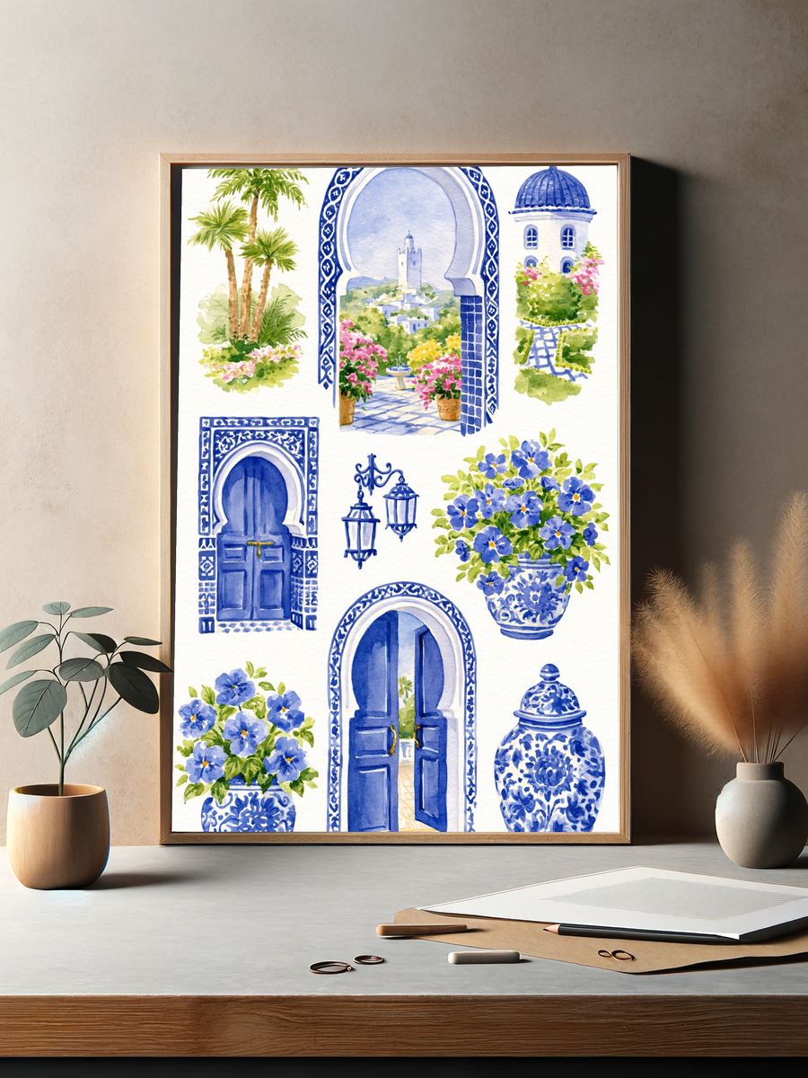 Blue Moroccan Courtyard Watercolor Poster. — room view 2