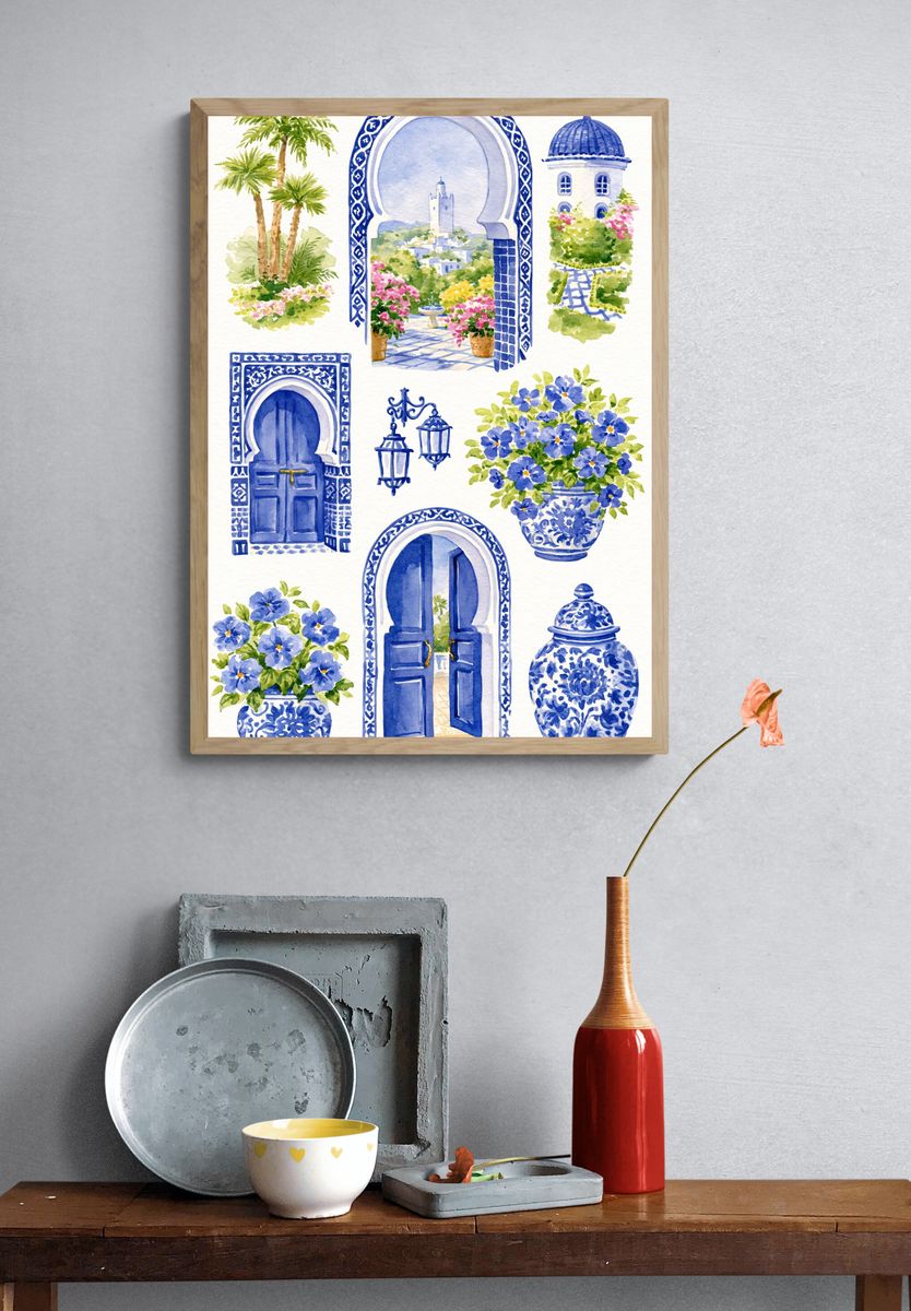 Blue Moroccan Courtyard Watercolor Poster. — room view 3