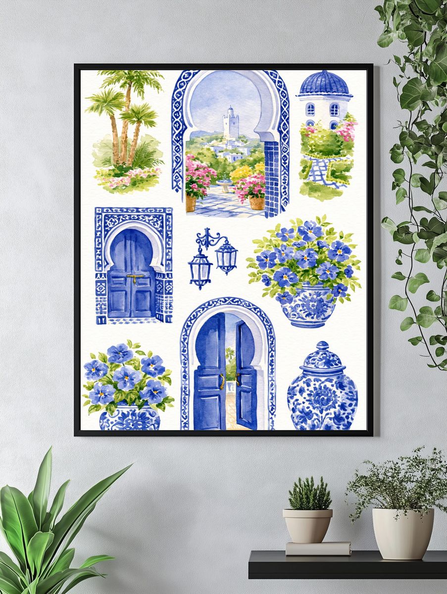 Blue Moroccan Courtyard Watercolor Poster. — room view 4