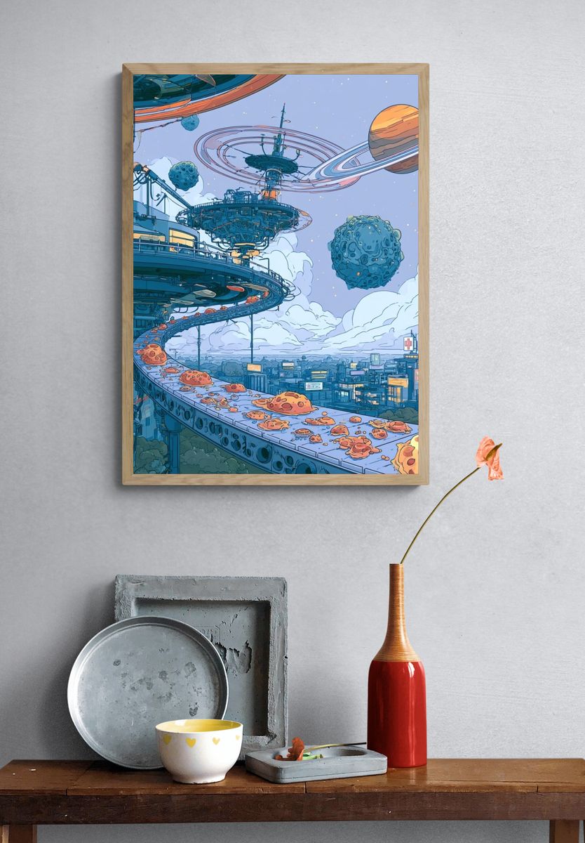 Futuristic Space City Illustration Poster. — room view 3