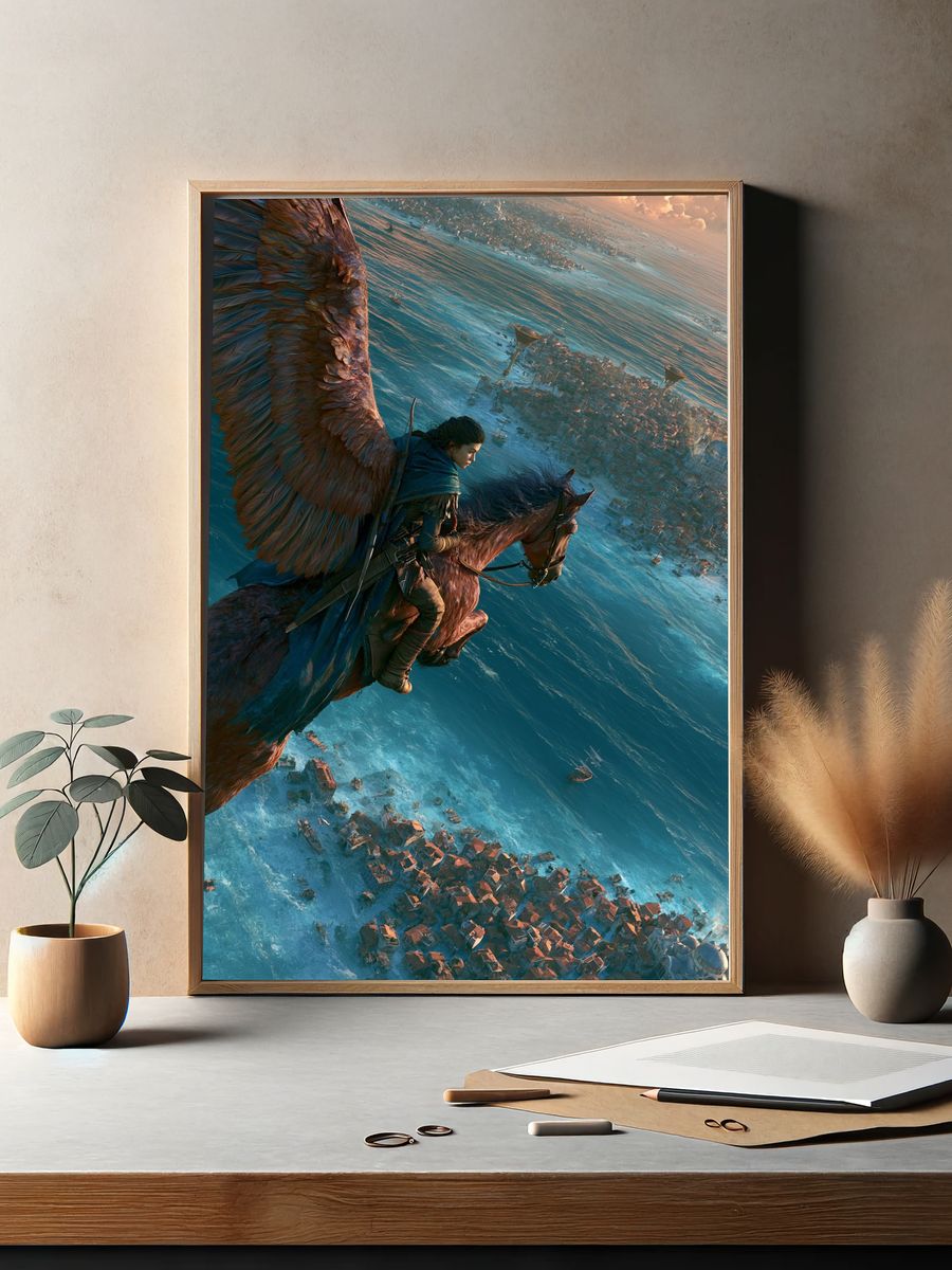 Winged Rider Over Coastal City Print. — room view 2