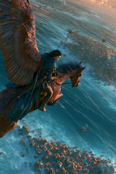 Winged Rider Over Coastal City Print. poster print