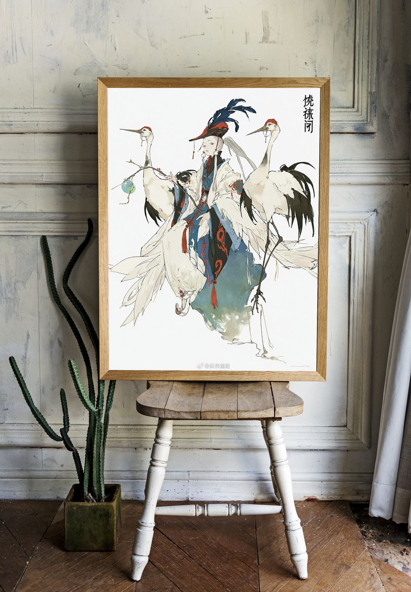 Crane Rider Ink Illustration Poster. room preview