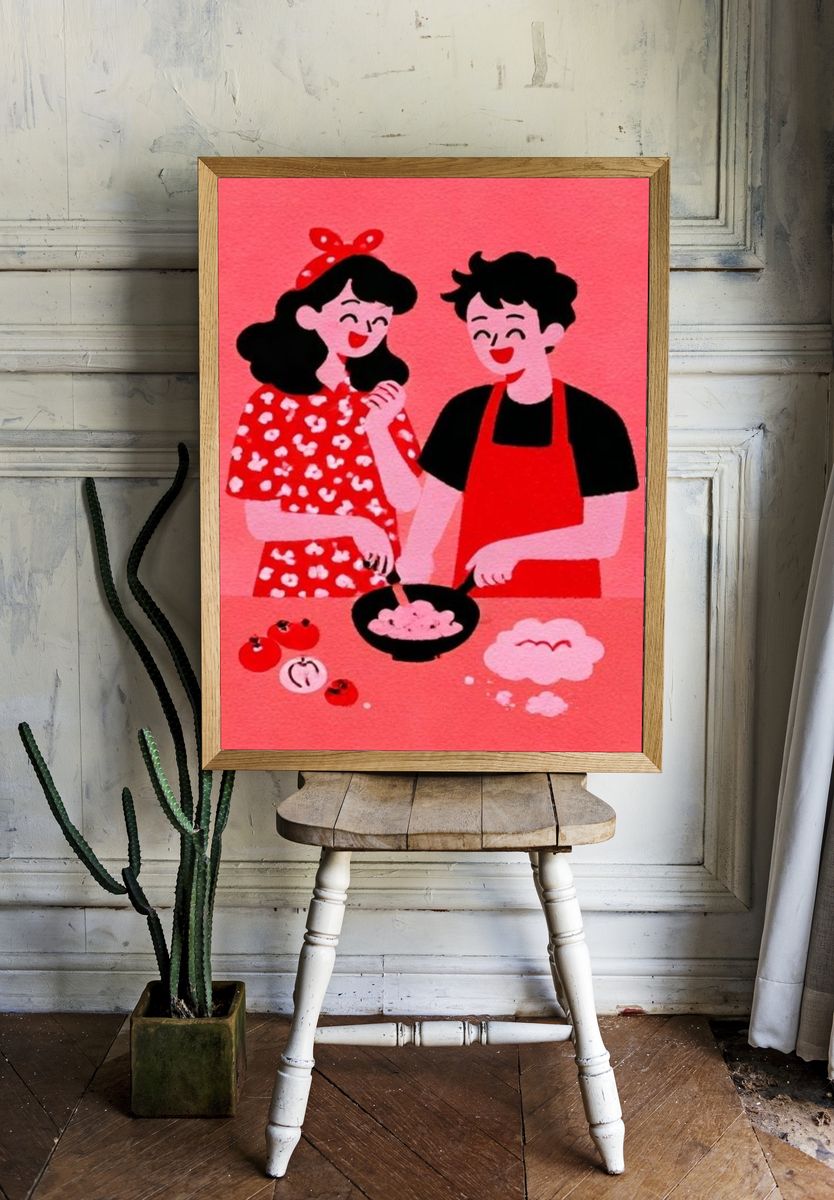 Cute Couple Kitchen Illustration Poster. — room view 1