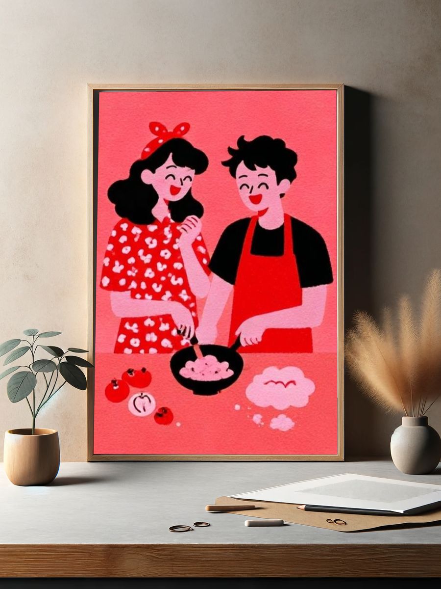 Cute Couple Kitchen Illustration Poster. — room view 2