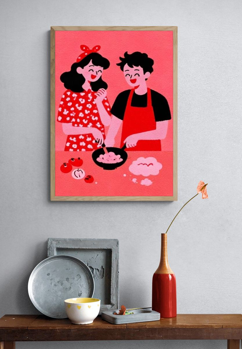 Cute Couple Kitchen Illustration Poster. — room view 3