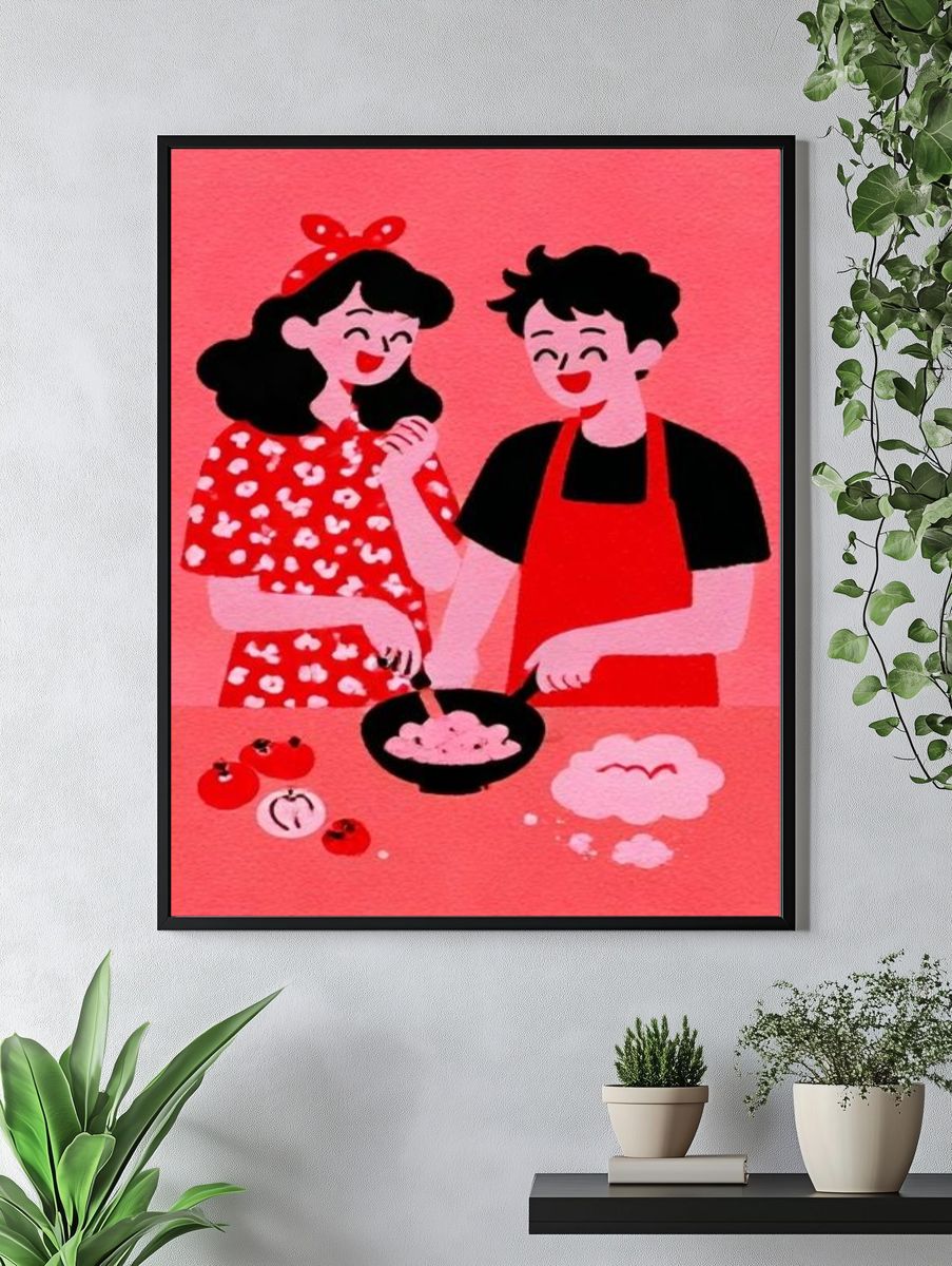 Cute Couple Kitchen Illustration Poster. — room view 4