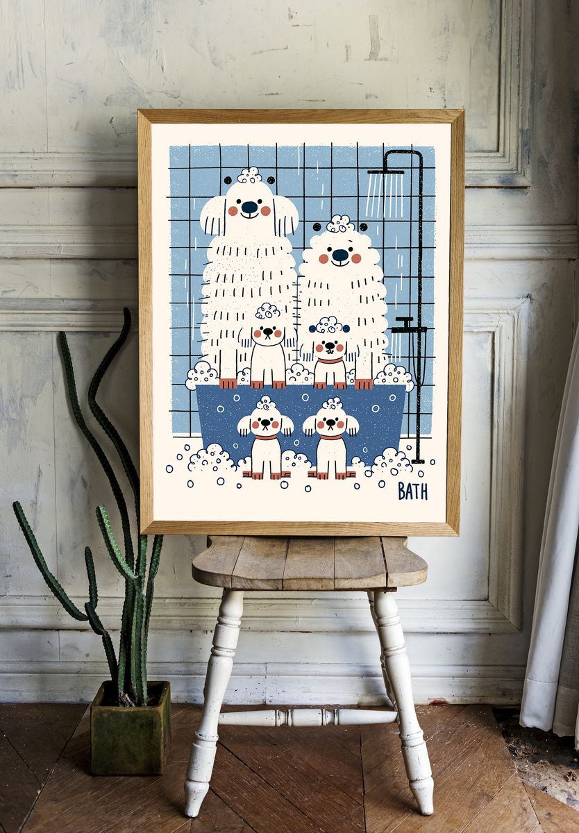 Poodle Bath Time Illustration Poster. room preview