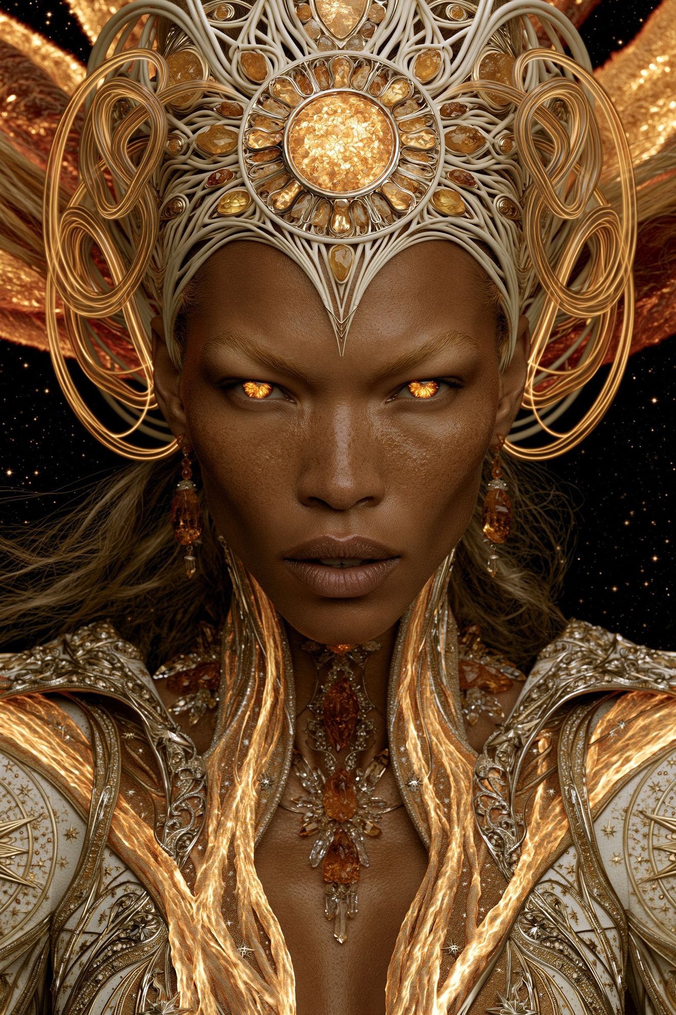 Golden Celestial Queen Portrait Print. poster detail