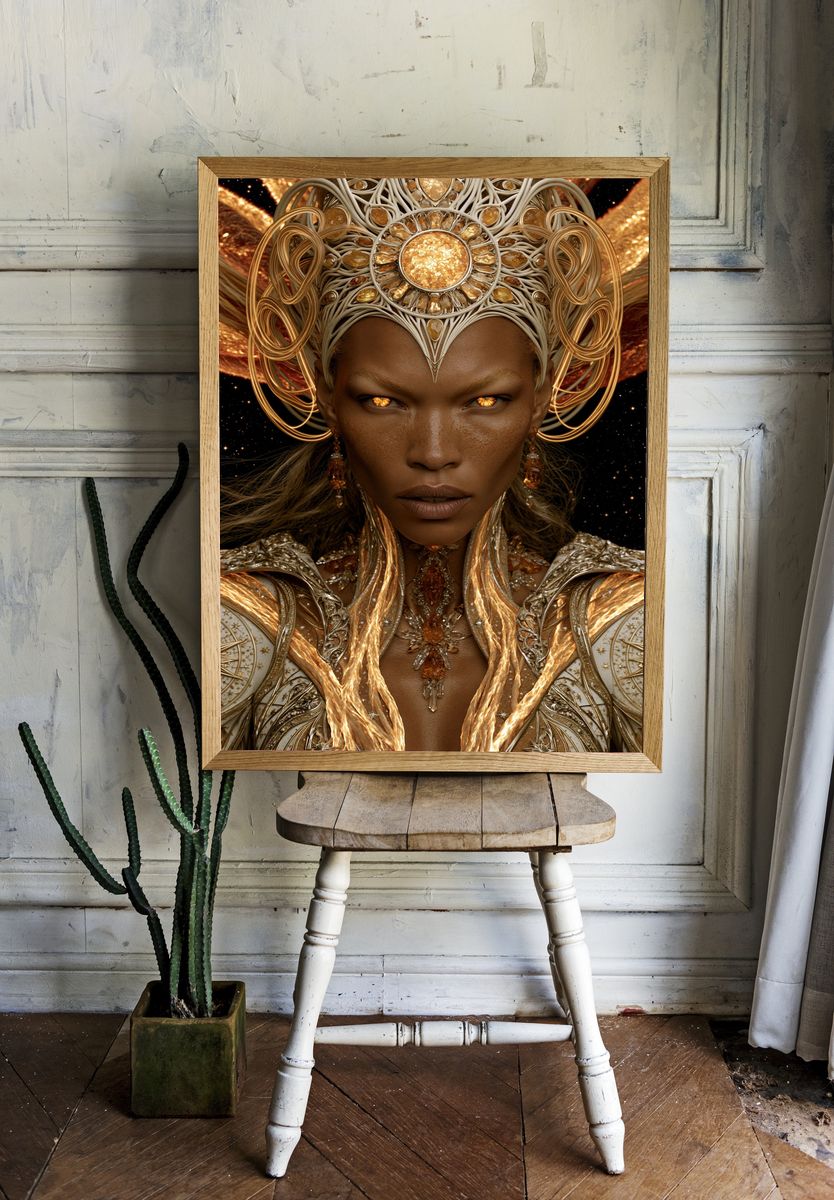 Golden Celestial Queen Portrait Print. room preview