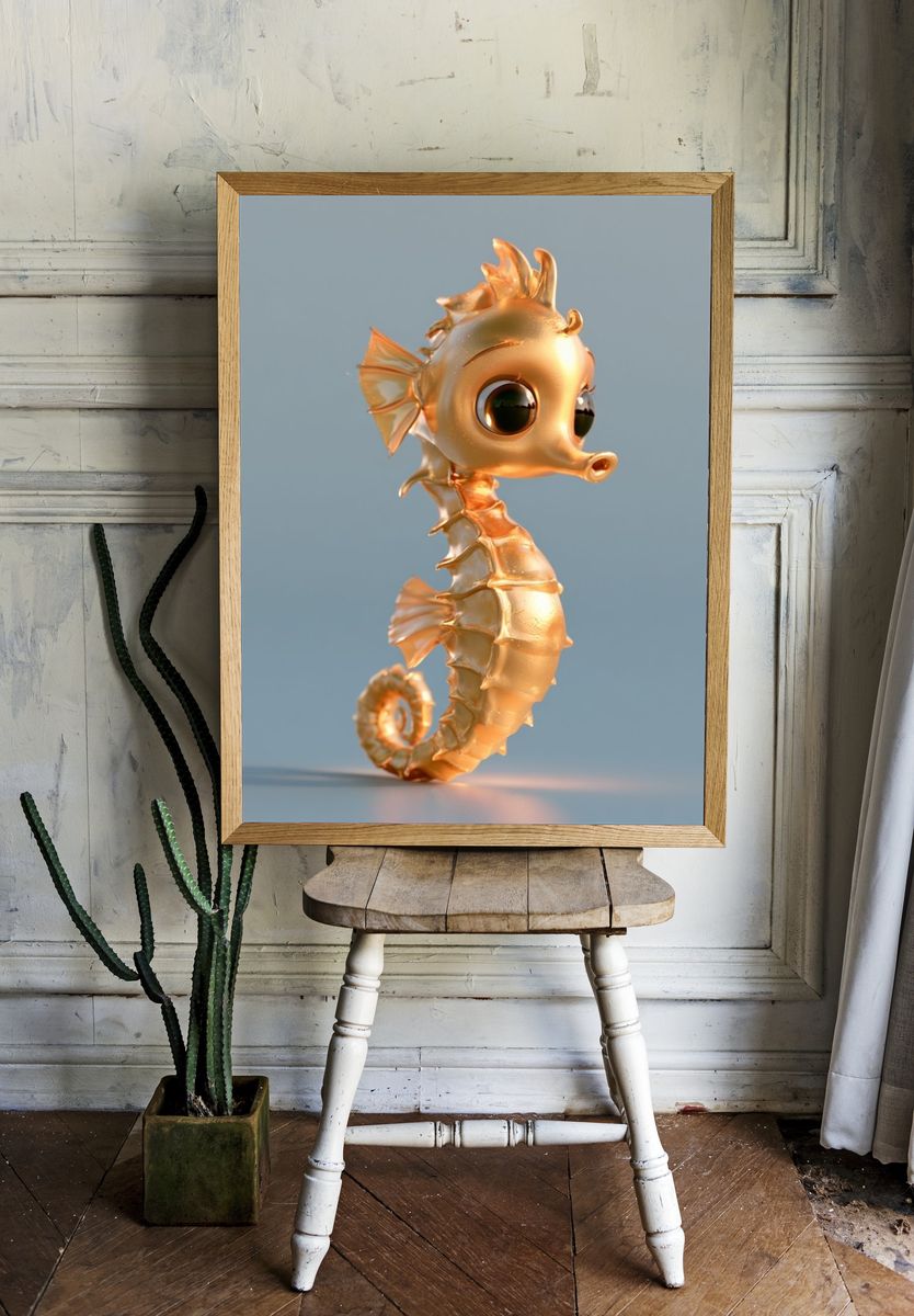 Golden Seahorse Digital Art Poster. — room view 1