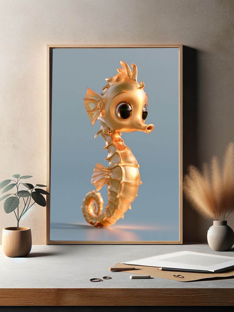 Golden Seahorse Digital Art Poster. — room view 2