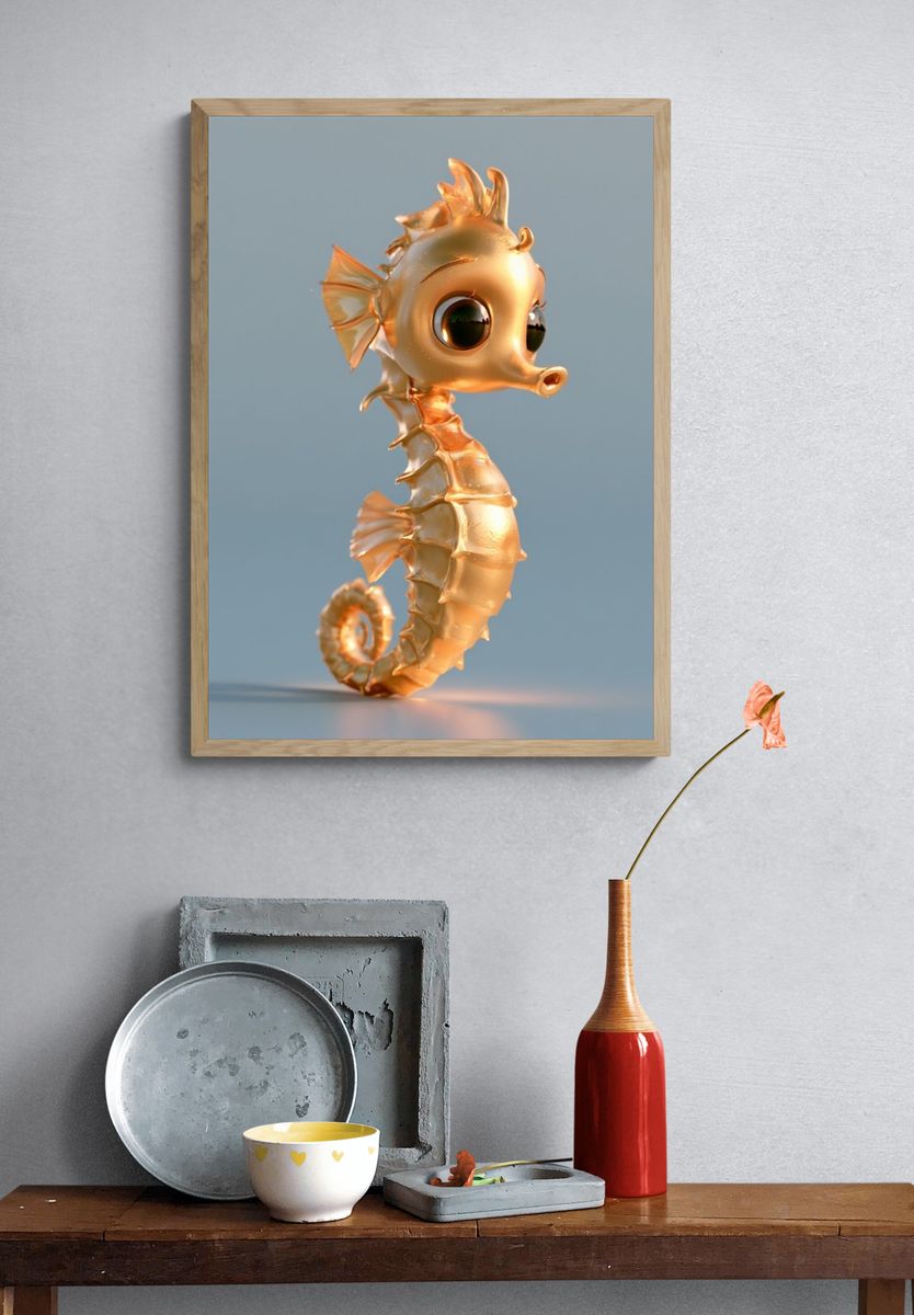 Golden Seahorse Digital Art Poster. — room view 3