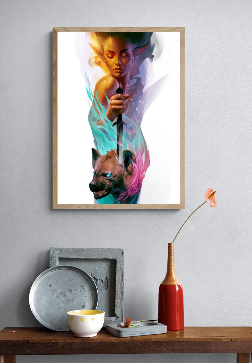 Elf and Hyena Fantasy Illustration Poster. — room view 3