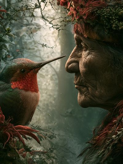 Forest Spirit and Hummingbird Print. poster