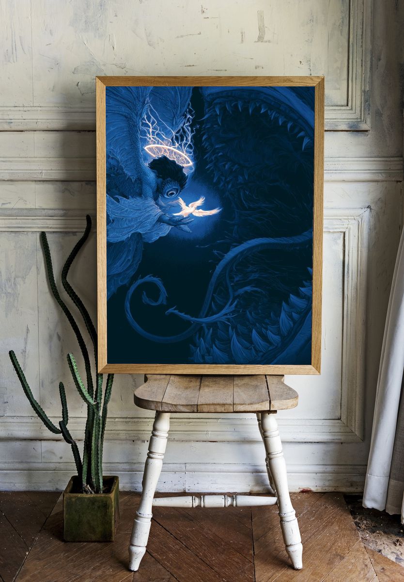 Celestial Dragon and Dove Illustration Poster. — room view 1
