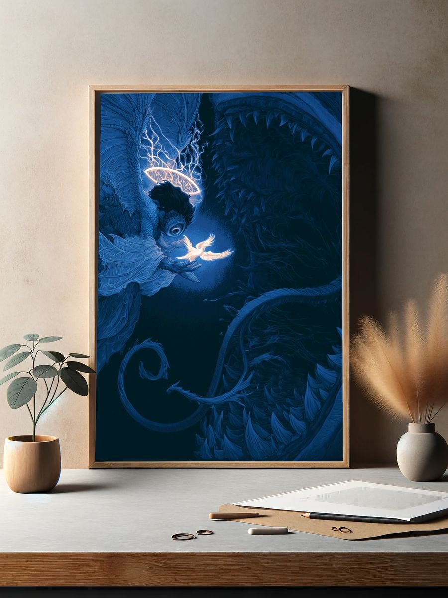 Celestial Dragon and Dove Illustration Poster. — room view 2