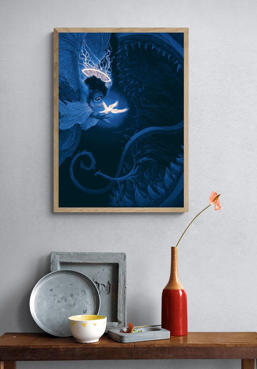 Celestial Dragon and Dove Illustration Poster. — room view 3