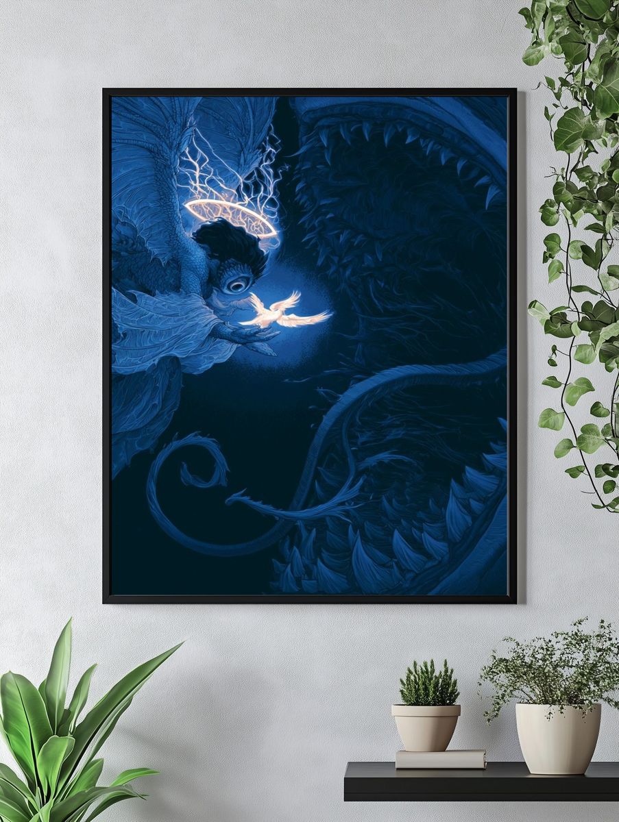 Celestial Dragon and Dove Illustration Poster. — room view 4