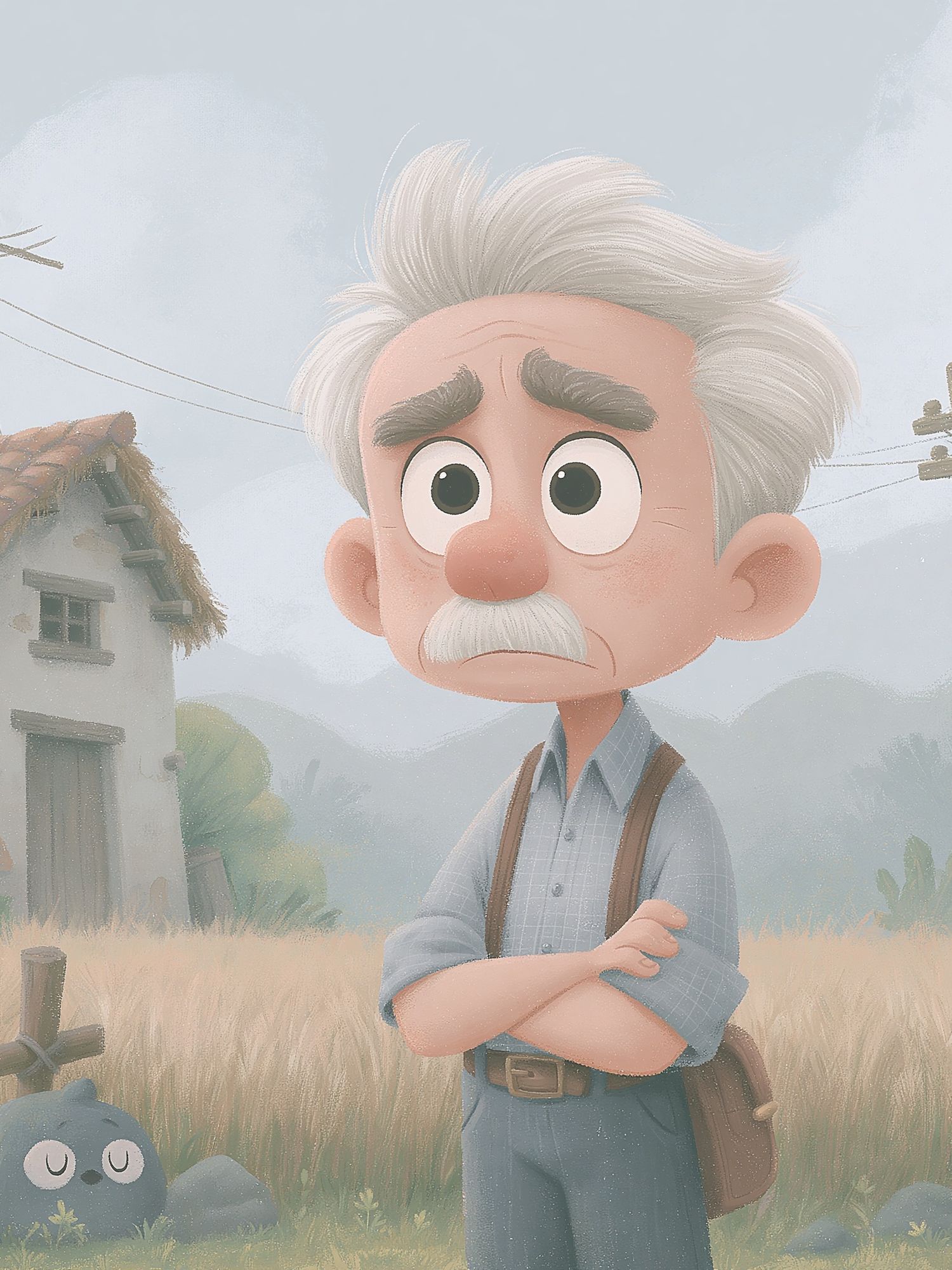 Whimsical Old Man Village Print. poster detail