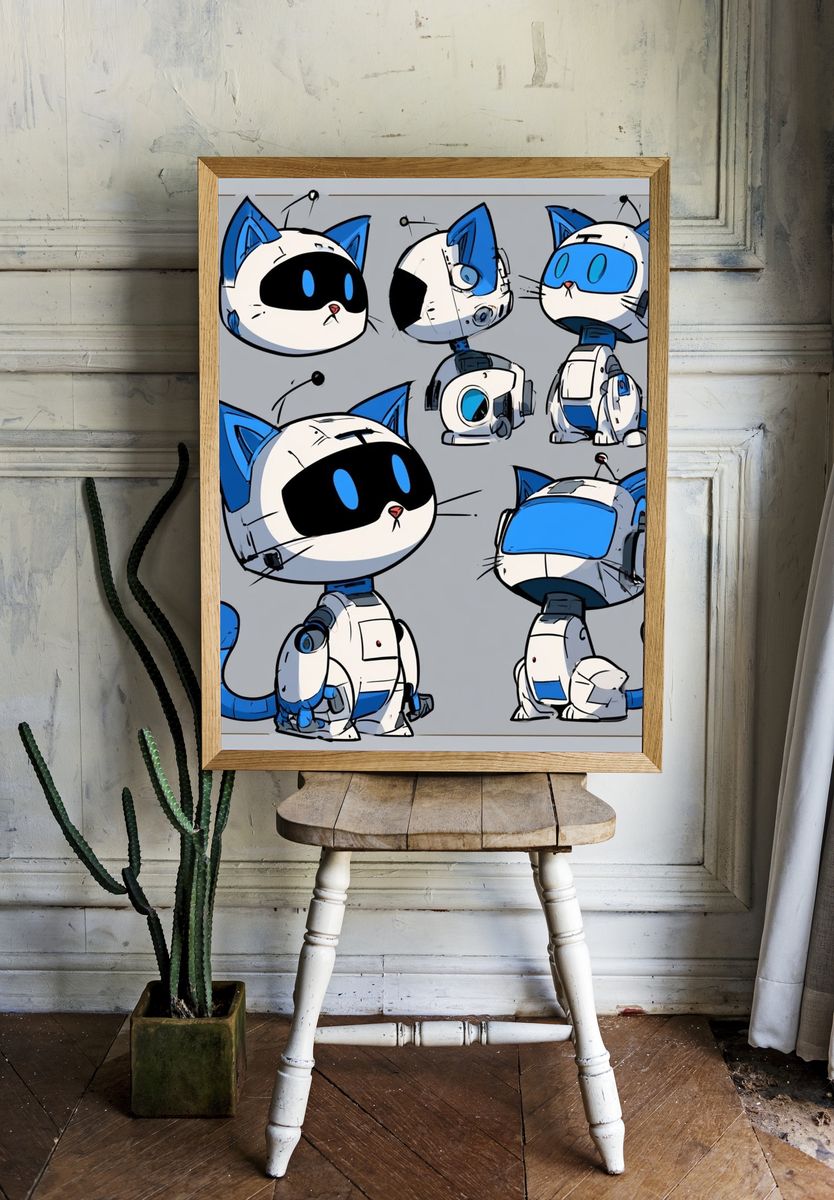 Robot Cat Character Illustration Poster. — room view 1