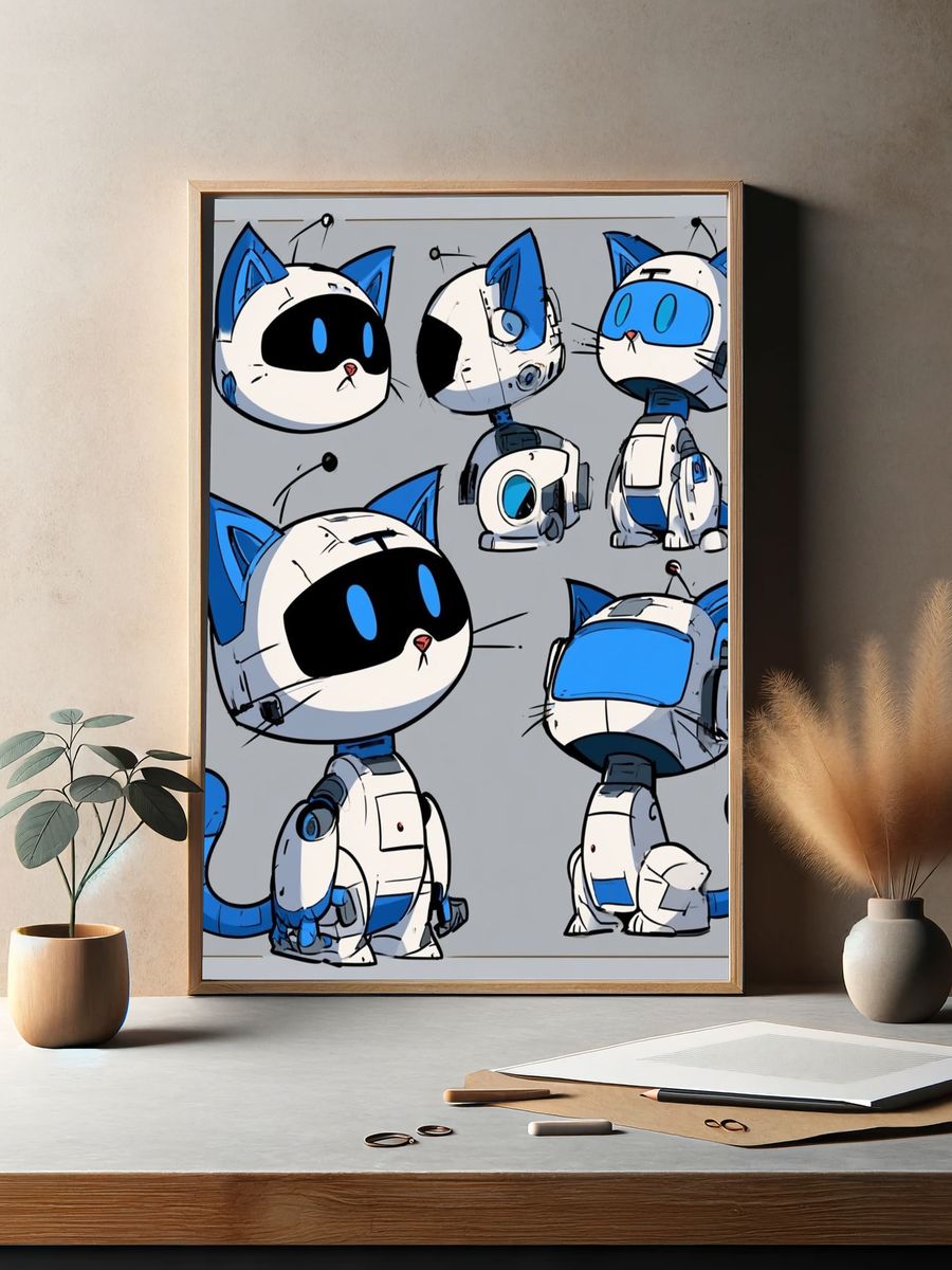 Robot Cat Character Illustration Poster. — room view 2