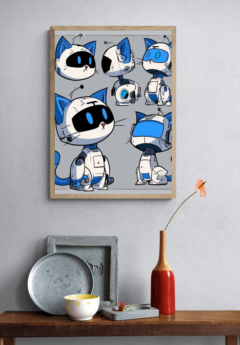 Robot Cat Character Illustration Poster. — room view 3