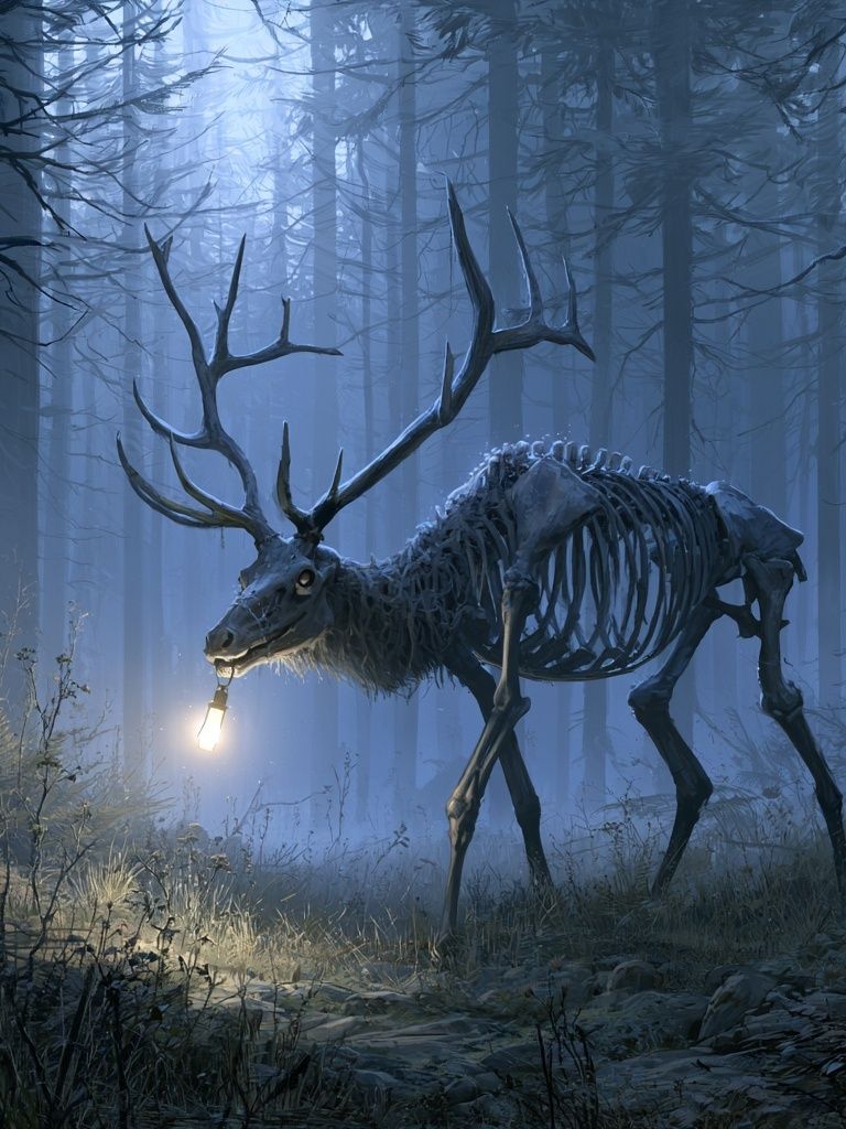 Skeleton Deer in Misty Forest Print. poster — illustration art