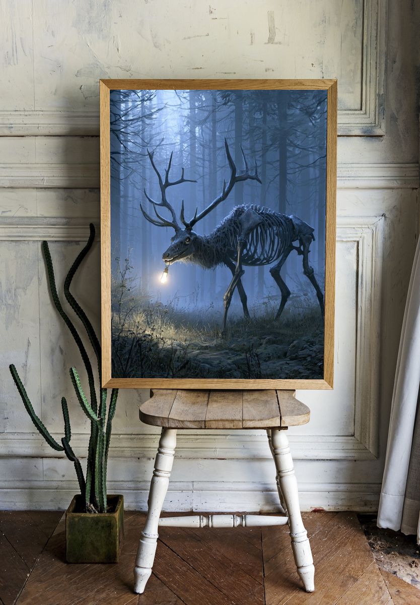 Skeleton Deer in Misty Forest Print. — room view 1