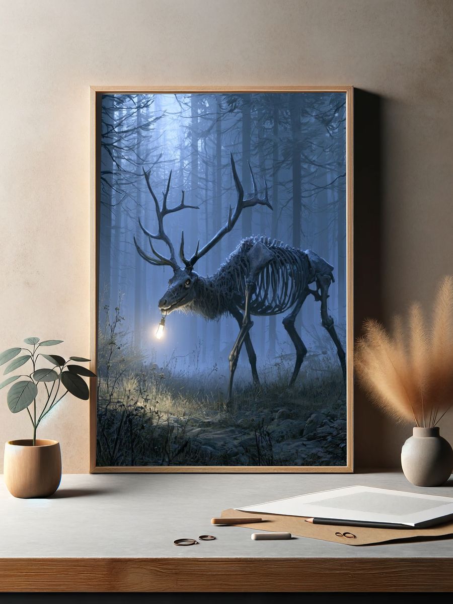 Skeleton Deer in Misty Forest Print. — room view 2