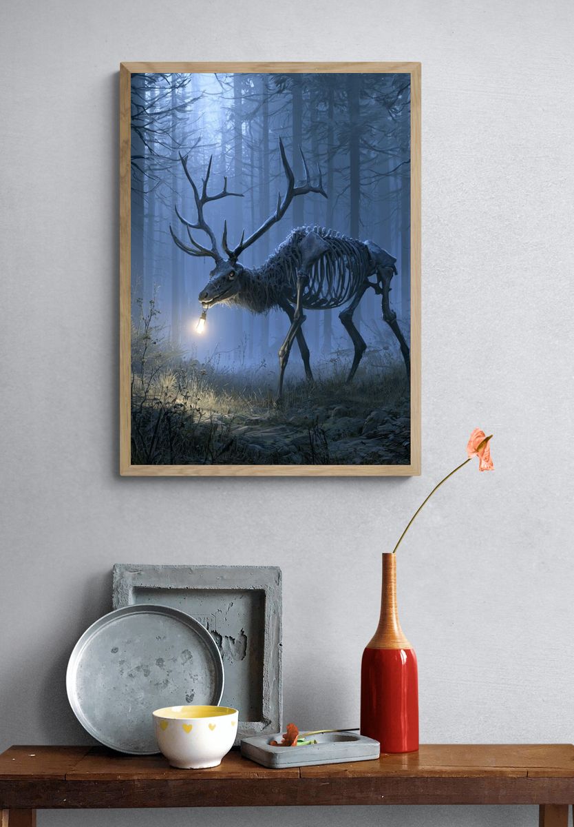 Skeleton Deer in Misty Forest Print. — room view 3