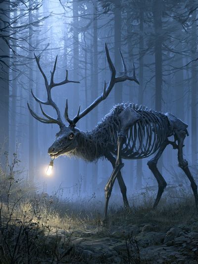 Skeleton Deer in Misty Forest Print. poster