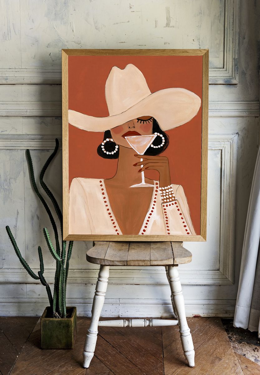 Cowgirl with Martini Illustration Poster. — room view 1
