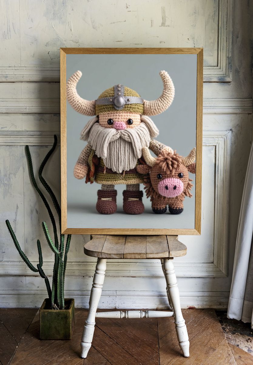 Crocheted Viking Figurines Illustration Print. room preview