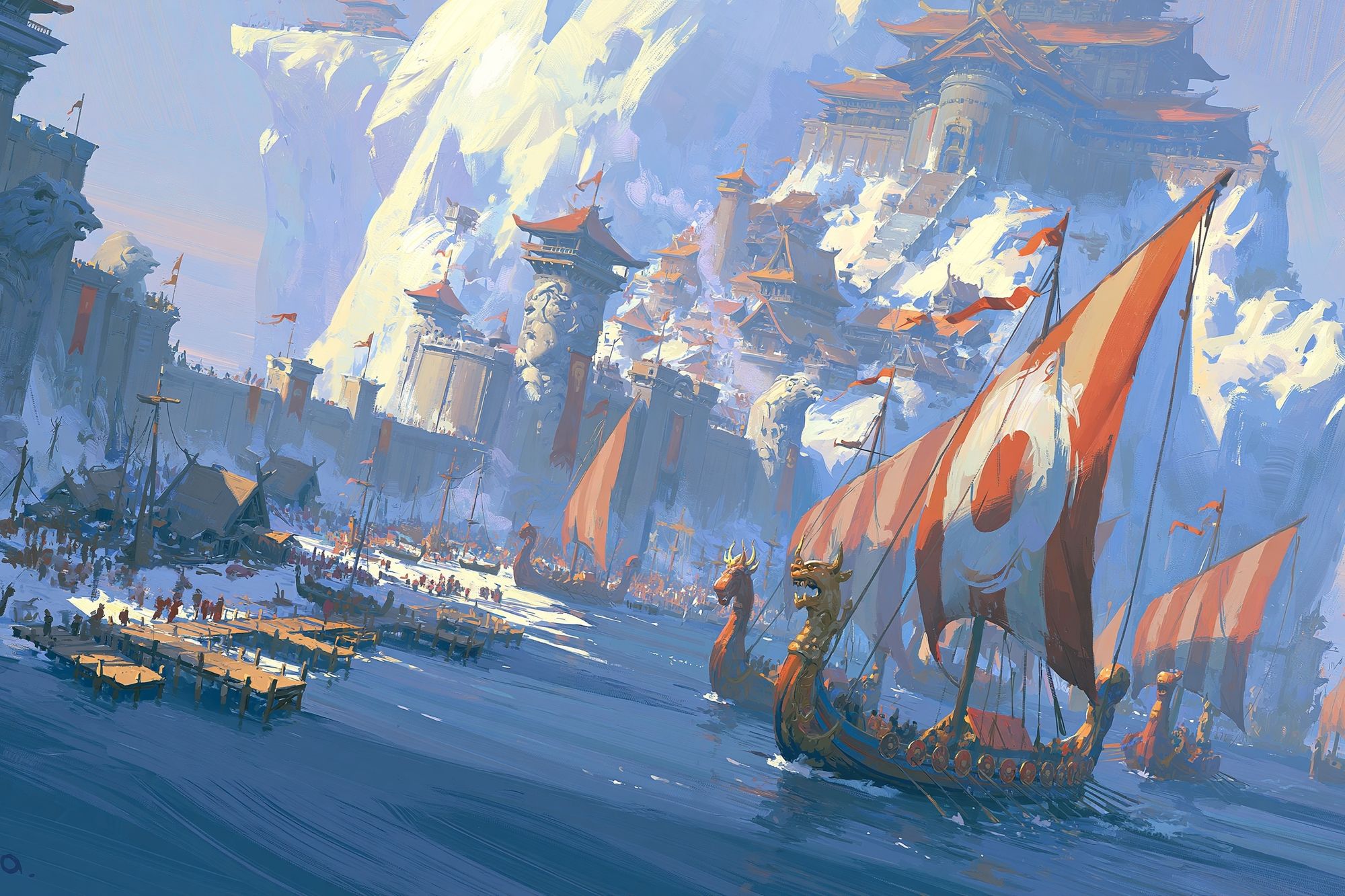 Fantasy Harbor Siege Illustration Poster. poster — illustration art