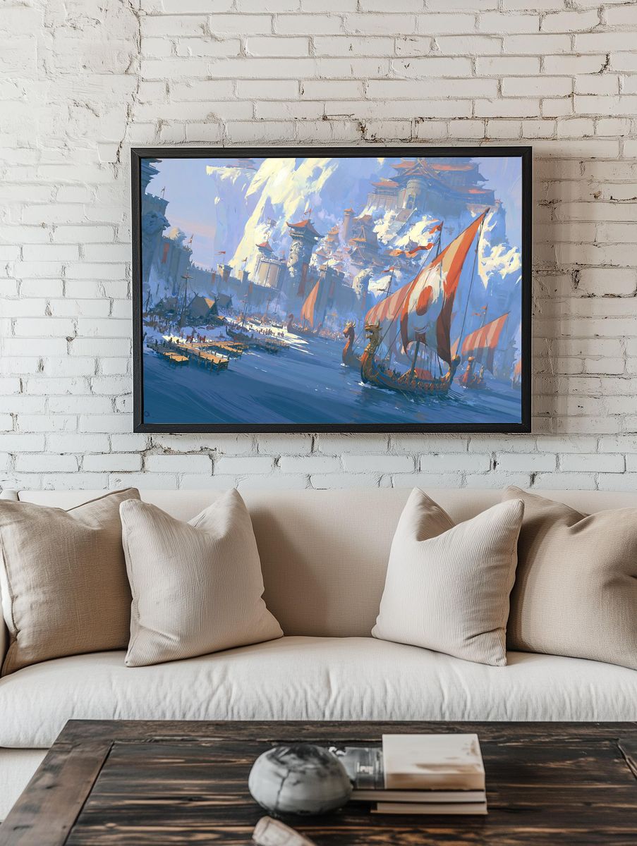 Fantasy Harbor Siege Illustration Poster. — room view 1