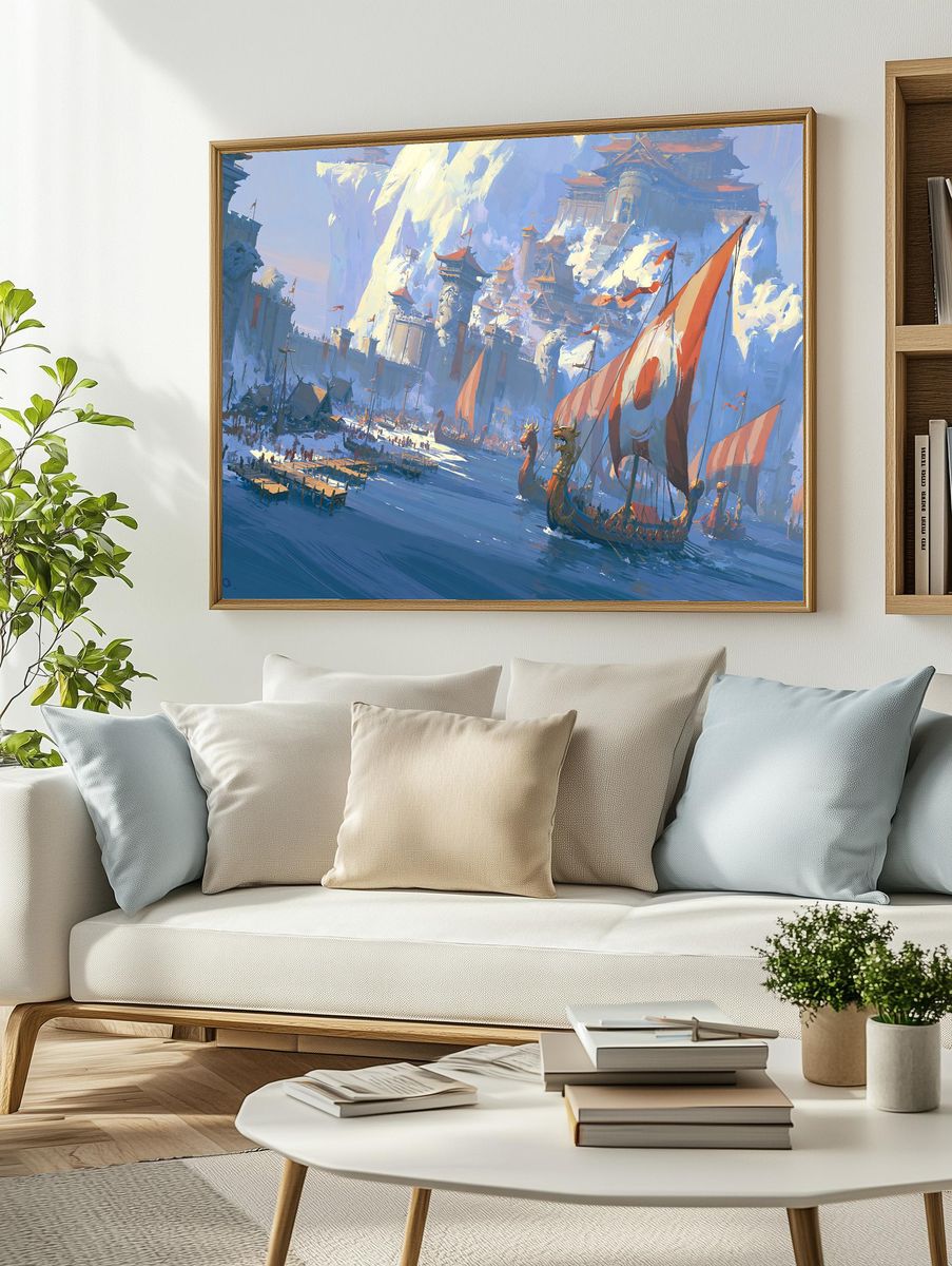 Fantasy Harbor Siege Illustration Poster. — room view 2