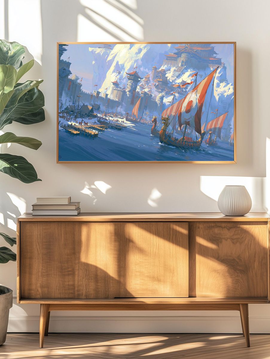 Fantasy Harbor Siege Illustration Poster. — room view 3
