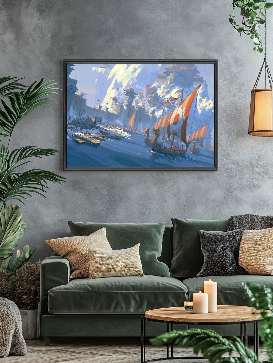 Fantasy Harbor Siege Illustration Poster. — room view 4