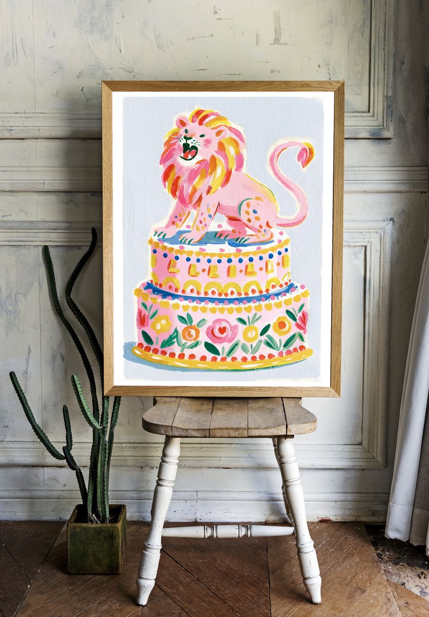 Pink Lion Cake Illustration Poster. room preview