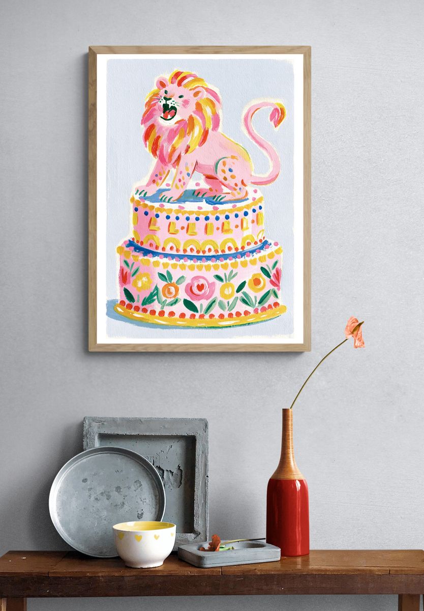 Pink Lion Cake Illustration Poster. — room view 3
