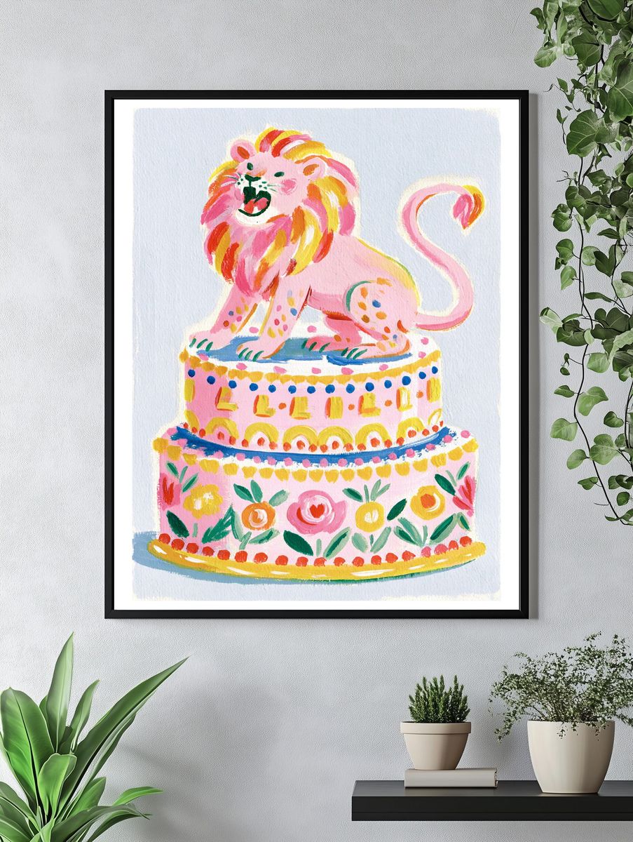 Pink Lion Cake Illustration Poster. — room view 4