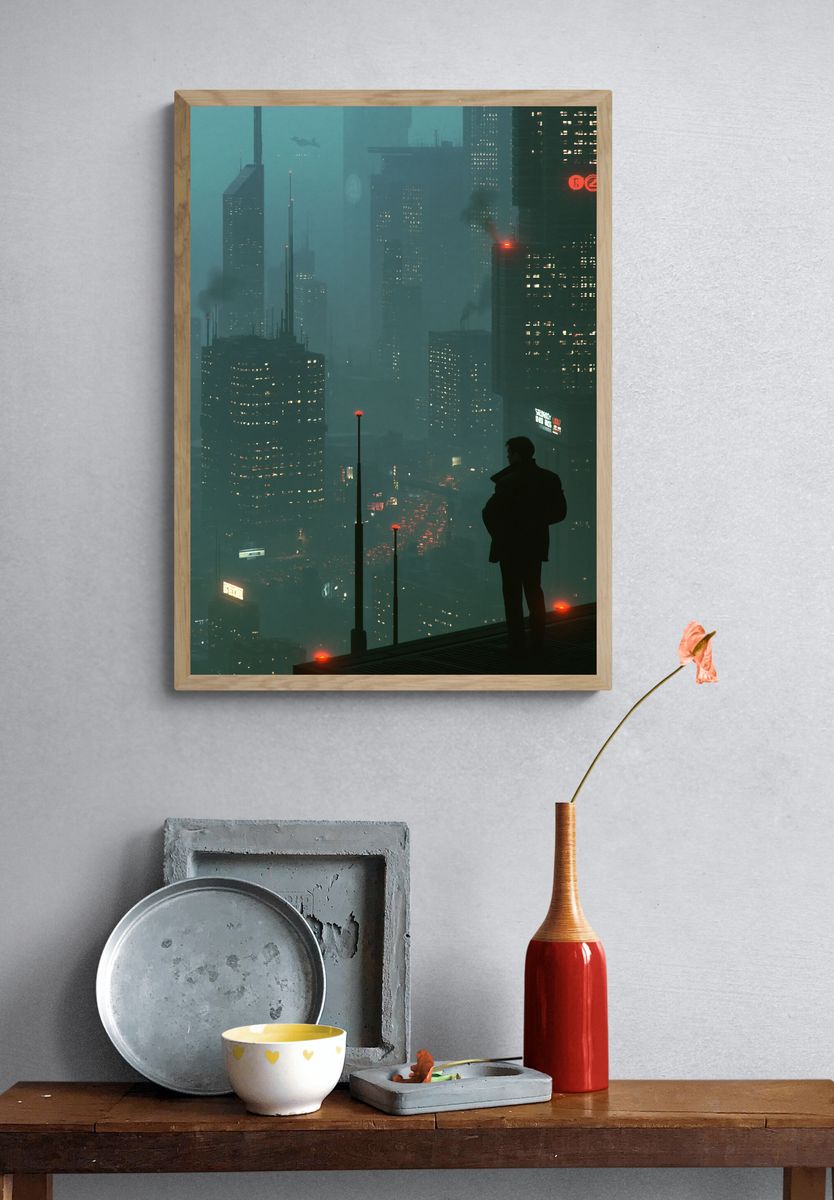 Cyberpunk City Silhouette Poster. — room view 3