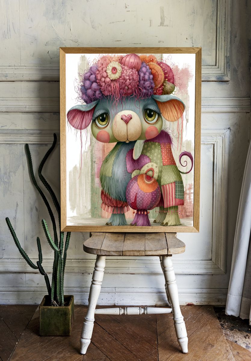 Whimsical Patchwork Lamb Illustration Poster. room preview